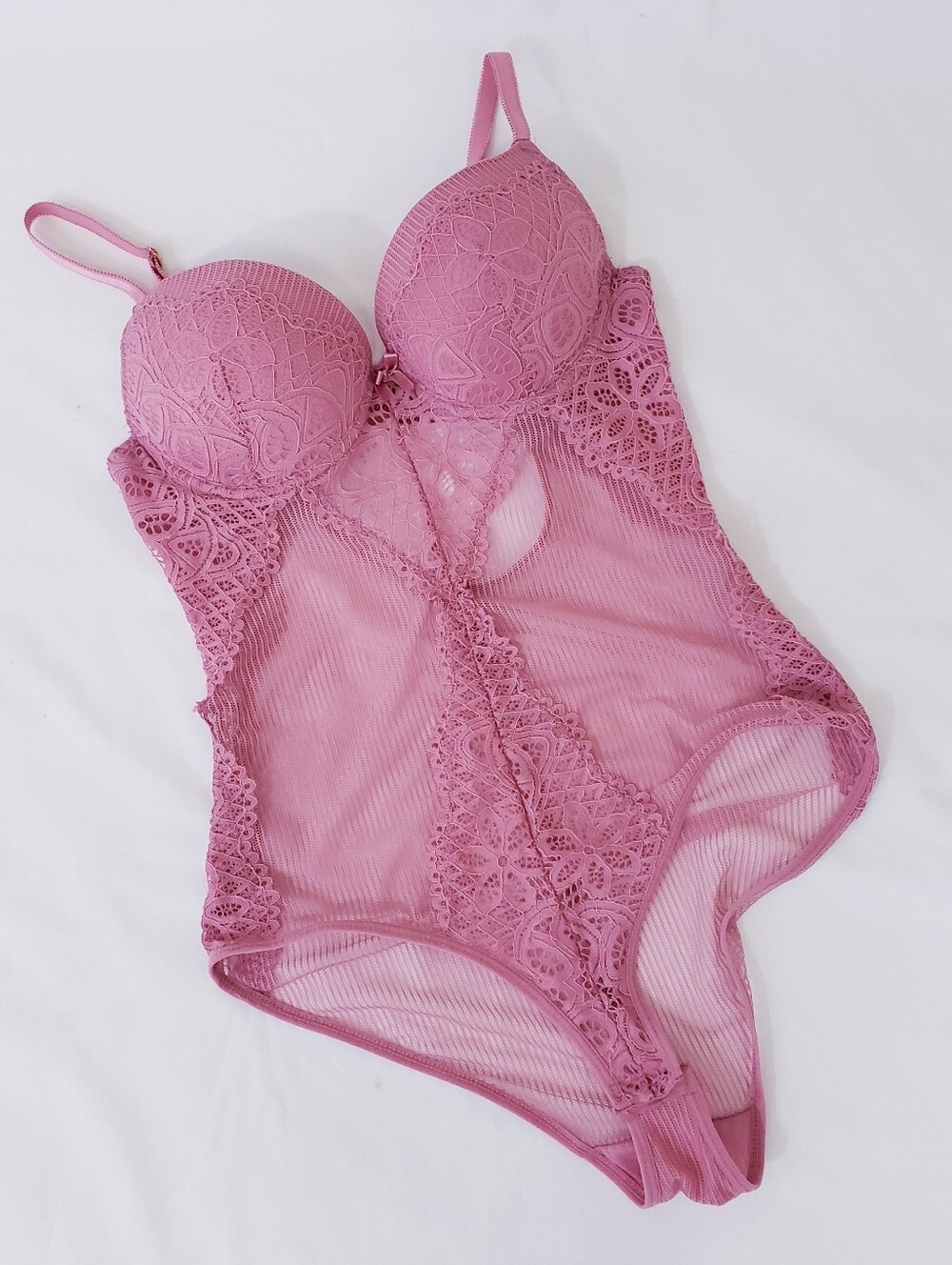Daisy Fuentes Rose Pink Lace Bodysuit Push Up Medium Teddy Sexy Mesh Babydoll